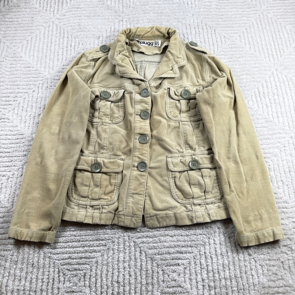 Vintage Plugg Corduroy Utility Jacket Womens XS Distressed Military Grunge Y2K